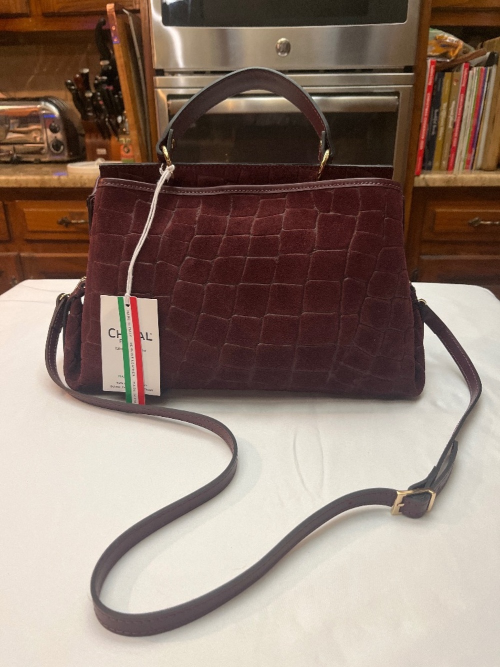 NWT Cherval Firenze Burgandy Leather Suede Bag. Italian.